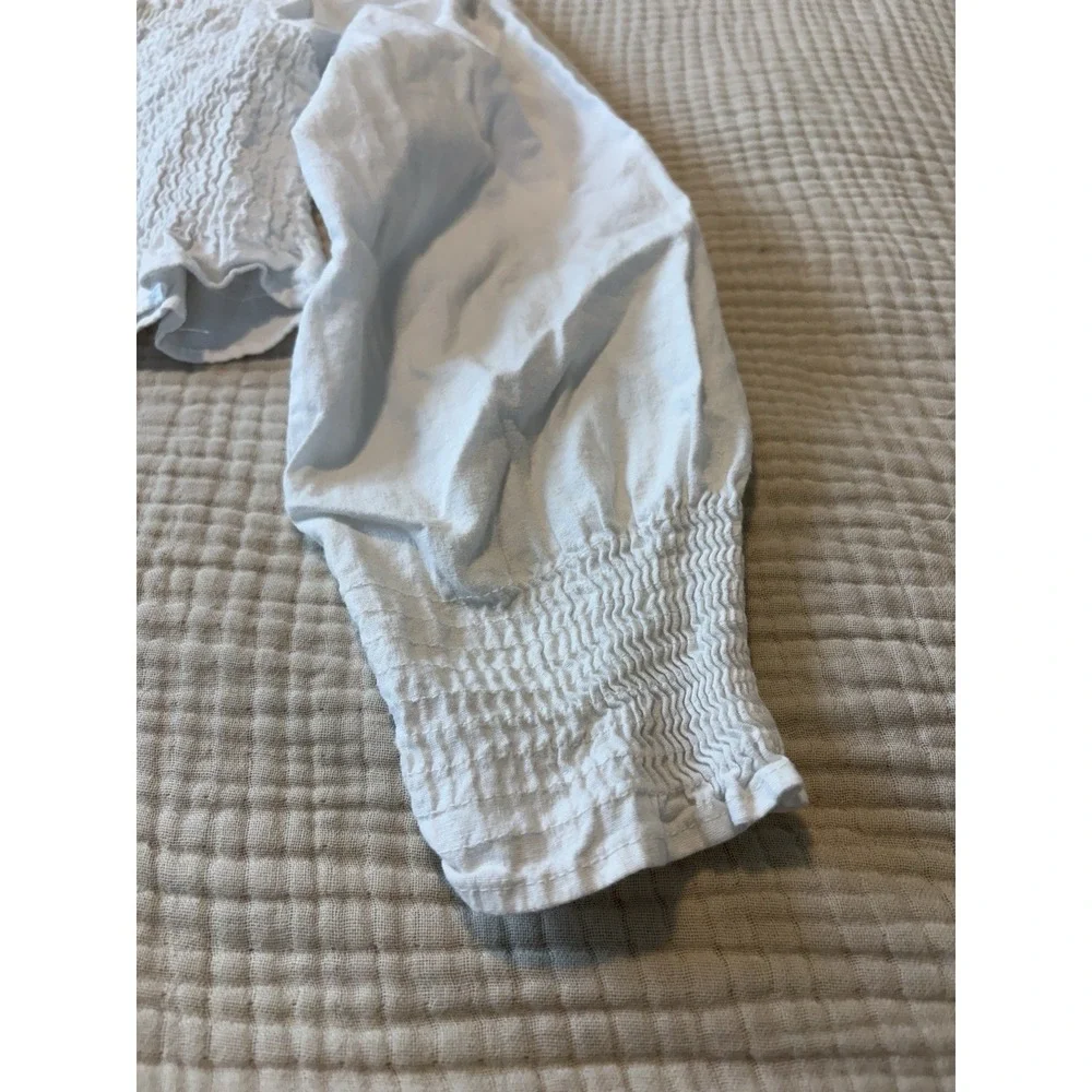 Zara White Smocked Puff Sleeve Ruffle Hem Crop Top Women Medium Coquette Cottage